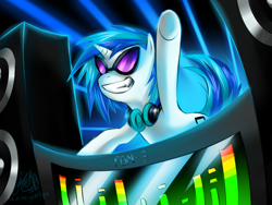 Size: 1024x768 | Tagged: safe, artist:cat-cly, imported from derpibooru, dj pon-3, vinyl scratch, pony, unicorn, equalizer, horn, solo, speaker, turntable