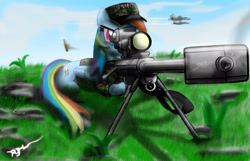 Size: 1680x1080 | Tagged: safe, artist:scatch42, imported from derpibooru, rainbow dash, pegasus, army, gun, military, plane, rifle, scope, weapon