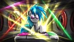 Size: 1920x1080 | Tagged: safe, artist:colorsymphony, imported from derpibooru, dj pon-3, vinyl scratch, unicorn, glasses, horn, rave, solo, speaker, turntable