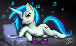 Size: 1280x782 | Tagged: safe, artist:14-bis, imported from derpibooru, dj pon-3, vinyl scratch, pony, unicorn, female, horn, looking at you, lying down, mare, music notes, record, record player, red eyes, solo