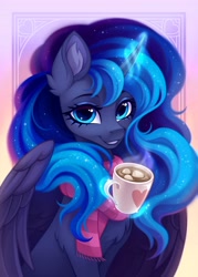 Size: 2936x4096 | Tagged: safe, artist:_rozmed_, artist:rozmed, imported from derpibooru, princess luna, alicorn, pony, chest fluff, chocolate, clothes, cute, ear fluff, eyebrows, female, food, glowing, glowing horn, gradient background, heart, high res, horn, hot chocolate, leg fluff, levitation, looking at you, lunabetes, magic, magic aura, mare, marshmallow, mug, scarf, smiling, smiling at you, solo, striped scarf, telekinesis, wings