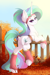 Size: 4000x6000 | Tagged: safe, artist:natanvok, imported from derpibooru, princess celestia, alicorn, pony, absurd resolution, bound wings, butt, chest fluff, clothes, dock, ear fluff, eyebrows, featureless crotch, female, fence, folded wings, headband, horn, leg fluff, leg warmers, lidded eyes, looking at you, looking back, looking back at you, mare, outdoors, plot, raised leg, smiling, smiling at you, solo, sweatband, tail, underhoof, wings