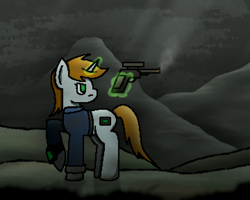 Size: 1440x1152 | Tagged: safe, artist:sirius leaf, imported from derpibooru, oc, oc only, oc:littlepip, pony, unicorn, fallout equestria, female, gun, horn, mare, mountain, pipbuck, solo, weapon