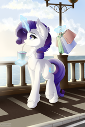 Size: 4000x6000 | Tagged: safe, artist:natanvok, imported from derpibooru, rarity, pony, unicorn, absurd resolution, bag, boardwalk, chest fluff, drink, drinking, drinking straw, ear fluff, eyebrows, female, glowing, glowing horn, hoof fluff, horn, levitation, magic, magic aura, mare, outdoors, shopping bag, sky, solo, straw, tail, telekinesis, water