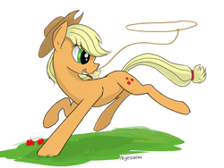 Size: 1449x1087 | Tagged: safe, artist:migesanwu, imported from derpibooru, applejack, earth pony, pony, apple, applejack's hat, cowboy hat, food, grass, hat, lasso, raised hoof, rope, running, signature, simple background, solo, white background