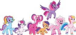 Size: 4058x1858 | Tagged: safe, artist:prixy05, imported from derpibooru, cheerilee (g3), pinkie pie (g3), rainbow dash (g3), scootaloo (g3), starsong, sweetie belle (g3), toola roola, earth pony, pegasus, pony, unicorn, core seven, diverse body types, female, filly, foal, g3, g3 to g5, g5, generation leap, height difference, horn, mare, my little pony: tell your tale, physique difference, simple background, toola-roola, transparent background, vector