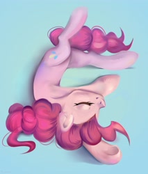 Size: 3497x4096 | Tagged: safe, artist:skeesla, imported from derpibooru, pinkie pie, earth pony, pony, blue background, cute, diapinkes, eyes closed, female, high res, mare, simple background, sleeping, solo, upside down