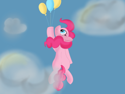 Size: 2000x1500 | Tagged: safe, artist:bazza, derpibooru exclusive, imported from derpibooru, pinkie pie, earth pony, pony, balloon, floating, holding, looking up, paint tool sai, pinkie being pinkie, simple shading, sky, then watch her balloons lift her up to the sky