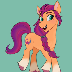 Size: 1800x1800 | Tagged: safe, artist:hibiscuit-rose, imported from derpibooru, sunny starscout, earth pony, pony, g5, green background, looking at you, open mouth, open smile, simple background, smiling, smiling at you, solo