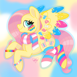 Size: 2048x2048 | Tagged: safe, artist:alithinksshecandraw, imported from derpibooru, fluttershy, pegasus, pony, 2022, bracelet, clothes, face paint, gradient background, jewelry, looking at you, mouthpiece, outline, paint, pansexual pride flag, pride, pride flag, scarf, signature, smiling, smiling at you, socks, solo, stockings, striped socks, thigh highs, transgender pride flag