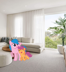 Size: 1419x1541 | Tagged: artist needed, safe, anonymous artist, artist:jhayarr23, artist:ponyphile, imported from derpibooru, firefly, scootaloo, pegasus, pony, ^^, adopted, adopted offspring, couch, cute, cutealoo, daaaaaaaaaaaw, duo, eyes closed, female, filly, foal, g1, grandmother and grandchild, headcanon, headcanon in the description, irl, living room, mare, open mouth, open smile, photo, ponies in real life, potted plant, raised hoof, scootadoption, scootalove, smiling, snuggling, spread wings, table, this will end in hugs, this will end in kisses, wings