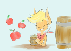 Size: 1101x791 | Tagged: safe, artist:destiny_manticor, imported from derpibooru, earth pony, pony, apple, bandana, barrel, blue background, cider, eyes closed, food, freckles, open mouth, open smile, pastel, simple background, smiling, solo