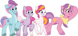 Size: 2465x1129 | Tagged: safe, artist:prixy05, imported from derpibooru, ivy, light heart, sundance (g2), sunsparkle, sweet berry, earth pony, pony, core four, diverse body types, female, g2, g2 to g5, g5, generation leap, height difference, mare, my little pony: tell your tale, physique difference, simple background, transparent background, vector