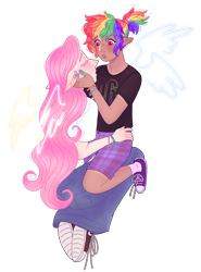 Size: 1280x1733 | Tagged: safe, artist:s0ftserve, imported from derpibooru, fluttershy, rainbow dash, human, alternate hairstyle, bandaid, blushing, bracelet, clothes, converse, cute, dark skin, dashabetes, duo, duo female, ear piercing, earring, elf ears, eyes closed, female, flutterdash, humanized, imminent kissing, jewelry, kneeling, lesbian, nail polish, piercing, ponytail, shipping, shirt, shoes, shorts, shyabetes, simple background, skirt, socks, t-shirt, transparent background, wings