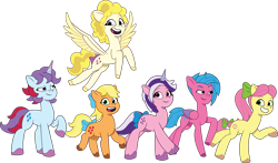 Size: 3280x1932 | Tagged: safe, artist:prixy05, imported from derpibooru, applejack (g1), firefly, sparkler (g1), surprise, twilight, earth pony, pegasus, pony, unicorn, bow, diverse body types, female, g1, g1 six, g1 to g5, g5, generation leap, height difference, horn, mare, my little pony: tell your tale, physique difference, posey bloom, simple background, tail, tail bow, transparent background, vector