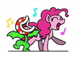 Size: 1800x1350 | Tagged: safe, artist:flutterluv, imported from derpibooru, pinkie pie, earth pony, pony, crossover, duo, eyes closed, music notes, piranha plant, piranha plants on parade, simple background, singing, smiling, super mario bros., super mario bros. wonder, white background