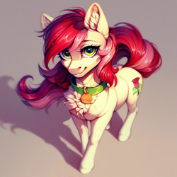 Size: 1024x1024 | Tagged: safe, imported from derpibooru, roseluck, earth pony, pony, ai content, ai generated, chest fluff, collar, cute, ear fluff, fluffy, generator:pony diffusion v6 xl, generator:stable diffusion, looking at you, pet tag, pony pet, prompter:doom9454, rosepet, standing