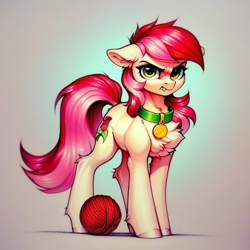 Size: 1024x1024 | Tagged: safe, imported from derpibooru, roseluck, earth pony, pony, ai content, ai generated, angry, behaving like a cat, chest fluff, collar, cute, ear fluff, fangs, fetlock tuft, floppy ears, fluffy, generator:pony diffusion v6 xl, generator:stable diffusion, hock fluff, looking at you, pet tag, pony pet, prompter:doom9454, rosepet, standing, yarn, yarn ball