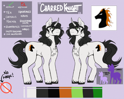 Size: 4900x3900 | Tagged: safe, artist:dejji_vuu, imported from derpibooru, oc, oc only, oc:charred knight, pony, unicorn, chest fluff, chin fluff, color palette, colored hooves, curved horn, ear fluff, green eyes, horn, male, reference sheet, silhouette, solo, stallion, standing, unshorn fetlocks