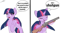 Size: 4016x2235 | Tagged: safe, artist:skitsroom, imported from derpibooru, twilight sparkle, pony, unicorn, 2 panel comic, comic, double barreled shotgun, eye clipping through hair, eyebrows, eyebrows visible through hair, eyes closed, female, gun, hand, magic, magic hands, mare, open mouth, shotgun, simple background, smiling, solo, unicorn twilight, weapon, white background