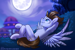 Size: 3000x2000 | Tagged: safe, artist:jedayskayvoker, imported from derpibooru, oc, oc only, oc:core, pegasus, pony, colored sketch, commission, full moon, grass, grass field, hooves up, lying down, male, moon, night, night sky, pegasus oc, sketch, sky, smiling, solo, spread wings, stallion, tree, village, wings