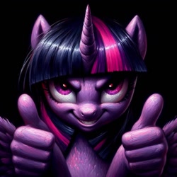 Size: 1024x1024 | Tagged: safe, imported from derpibooru, twilight sparkle, alicorn, anthro, pony, ai content, ai generated, black background, evil grin, female, generator:bing image creator, generator:dall-e 3, grin, mare, prompter:enterusxrname, simple background, smiling, solo, spread wings, suddenly hands, thumbs up, twilight sparkle (alicorn), wings