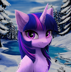 Size: 3186x3260 | Tagged: safe, artist:empress-twilight, imported from derpibooru, twilight sparkle, alicorn, pony, chest fluff, cute, ear fluff, female, horn, ice, looking at you, mare, nature, outdoors, river, smiling, smiling at you, snow, solo, tree, twiabetes, twilight sparkle (alicorn), water, winter