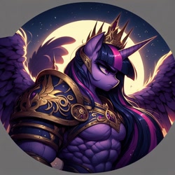 Size: 1024x1024 | Tagged: safe, imported from derpibooru, twilight sparkle, alicorn, anthro, pony, ai content, ai generated, armor, buff, crown, female, generator:bing image creator, generator:dall-e 3, icon, jewelry, long mane, mare, masculine mare, moon, muscles, muscular female, prompter:enterusxrname, regalia, solo, spread wings, stars, twilight muscle, twilight sparkle (alicorn), wings