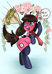 Size: 707x1000 | Tagged: safe, artist:anykoe, imported from derpibooru, oc, oc:macdolia, clothes, commission, cutie mark, floating heart, flower, happy, heart, heart eyes, marriage, necktie, pigtails, simple background, socks, speech bubble, text, wedding, wingding eyes