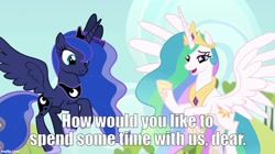 Size: 888x499 | Tagged: safe, edit, edited screencap, imported from derpibooru, screencap, princess celestia, princess luna, alicorn, pony, between dark and dawn, bronybait, caption, concave belly, crown, duo, ethereal mane, ethereal tail, female, flying, hoof shoes, horn, image macro, imgflip, jewelry, long horn, long mane, peytral, princess shoes, regalia, royal sisters, siblings, sisters, spread wings, tail, talking to viewer, text, wings