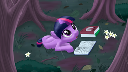 Size: 3840x2160 | Tagged: safe, artist:stellardust, imported from derpibooru, twilight sparkle, pony, unicorn, blank flank, book, female, filly, filly twilight sparkle, foal, high res, horn, looking up, lying down, open mouth, prone, rain, reading, solo, unicorn twilight, younger