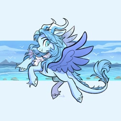 Size: 2048x2048 | Tagged: dead source, safe, artist:raindrophalo, imported from derpibooru, oc, oc only, bird, dracony, dragon, hybrid, pony, chest fluff, coat markings, colored wings, cyan eyes, eye clipping through hair, fangs, jewelry, leonine tail, light blue background, necklace, ocean, pale belly, signature, simple background, slit pupils, smiling, socks (coat markings), solo, spread wings, tail, unshorn fetlocks, water, wings