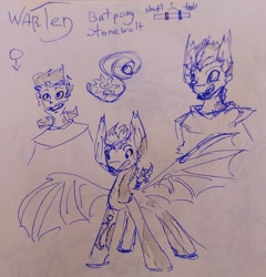 Size: 2806x2917 | Tagged: safe, artist:destiny_manticor, imported from derpibooru, oc, oc only, oc:warten samitelas, bat pony, human, pony, semi-anthro, clothes, fluffy hair, male, paper, pen, simple background, smiling, traditional art