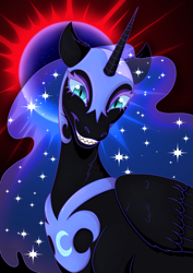 Size: 1614x2282 | Tagged: safe, artist:nomnomgator, imported from derpibooru, nightmare moon, alicorn, pony, antagonist, blue eyes, blue mane, blushing, bust, colored pupils, crown, curved horn, cute, digital art, ethereal mane, eyelashes, eyeshadow, fangs, feather, female, flowing mane, glowing, glowing horn, happy, high res, hoof shoes, horn, jewelry, lidded eyes, looking at you, makeup, mare, moon, moonlight, neck fluff, peytral, portrait, raised hooves, regalia, signature, simple background, smiling, smiling at you, solo, sparkles, spread wings, starry mane, stars, teeth, villainess, wings