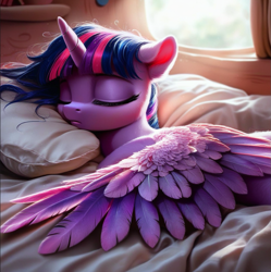 Size: 1061x1065 | Tagged: safe, imported from derpibooru, twilight sparkle, alicorn, pony, ai content, ai generated, bed, bed mane, bedroom, eyes closed, generator:stable diffusion, horn, lying down, pillow, prompter:mid day dreamer, sleeping, spread wings, twilight sparkle (alicorn), window, wings