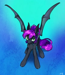 Size: 2613x3020 | Tagged: safe, artist:opalacorn, imported from derpibooru, oc, oc only, bat pony, pony, abstract background, bat pony oc, bat wings, female, gradient background, looking at you, mare, solo, spread wings, wings