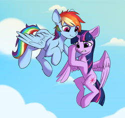 Size: 5022x4744 | Tagged: safe, artist:770418gyygy, imported from derpibooru, rainbow dash, twilight sparkle, alicorn, pegasus, pony, absurd resolution, chest fluff, cloud, duo, duo female, eye clipping through hair, female, first flight, flying, flying lesson, holding on, horn, leg fluff, lesbian, mare, nervous, outdoors, scared, shipping, sky, smiling, teeth, twidash, twilight sparkle (alicorn), wings