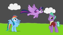 Size: 1080x600 | Tagged: safe, imported from twibooru, screencap, firelight, rainbow dash, twilight sparkle, alicorn, pegasus, pony, unicorn, series:mlp animation's short films, series:the big race, cute, dashabetes, flying, image, needs more jpeg, smiling, trio, twilight sparkle (alicorn)