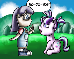 Size: 3000x2400 | Tagged: safe, artist:saburodaimando, imported from derpibooru, starlight glimmer, human, pony, robot, unicorn, akira toriyama, anime, clothes, crossover, dialogue, dr. slump, duo, duo female, female, filly, filly starlight glimmer, glasses, gynoid, high res, horn, looking at each other, looking at someone, norimaki arale, open mouth, overall shorts, pigtails, raised finger, rest in peace, shirt, shoes, sitting, sneakers, socks, speech bubble, standing, tribute, younger