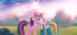 Size: 2400x1080 | Tagged: safe, artist:lumo_xu, imported from derpibooru, rainbow dash, twilight sparkle, pegasus, pony, unicorn, clothes, duo, duo female, eye contact, female, folded wings, horn, hug, lesbian, looking at each other, looking at someone, mare, outdoors, shipping, smiling, smiling at each other, twidash, unicorn twilight, uniform, wings, wonderbolts uniform