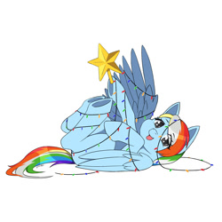 Size: 2000x2000 | Tagged: safe, artist:erein, imported from derpibooru, oc, oc only, oc:azure, pegasus, pony, christmas, christmas lights, christmas star, colored, commission, cute, ears up, female, flat colors, garland, gray eyes, happy, high res, holiday, lying down, mare, multicolored hair, not rainbow dash, on back, open mouth, open smile, parents:canon x oc, pegasus oc, simple background, smiling, solo, stars, tangled up, underhoof, white background, wings