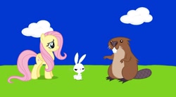 Size: 1080x597 | Tagged: safe, imported from twibooru, screencap, angel bunny, fluttershy, beaver, pegasus, pony, rabbit, series:an angel's tale, series:mlp animation's short films, angel bunny is not amused, animal, image, needs more jpeg, trio, unamused