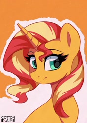 Size: 1526x2160 | Tagged: safe, artist:cottonaime, imported from derpibooru, sunset shimmer, pony, unicorn, big eyes, bust, eyelashes, horn, simple background, smiling, solo