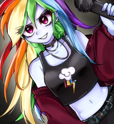 Size: 1600x1734 | Tagged: safe, artist:pulse, imported from derpibooru, rainbow dash, human, equestria girls, bare shoulders, belly button, choker, clothes, cutie mark, cutie mark on clothes, ear piercing, eye clipping through hair, eyebrows, eyebrows visible through hair, female, microphone, midriff, piercing, rainbow punk, smiling, solo, teeth