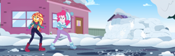 Size: 3338x1080 | Tagged: safe, composite screencap, edit, edited screencap, imported from derpibooru, screencap, pinkie pie, sunset shimmer, human, equestria girls, equestria girls series, holidays unwrapped, spoiler:eqg series (season 2), clothes, coat, hat, pants, saving pinkie's pie, snow, souffle, toque, winter, winter outfit