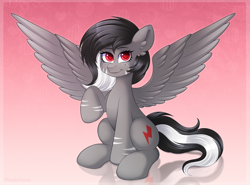 Size: 3000x2221 | Tagged: safe, artist:madelinne, imported from derpibooru, oc, oc only, pegasus, black mane, gradient background, pegasus oc, red eyes, sitting, solo, spread wings, wings