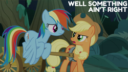 Size: 2011x1131 | Tagged: safe, edit, edited screencap, editor:quoterific, imported from derpibooru, screencap, applejack, rainbow dash, earth pony, pegasus, pony, the mean 6, applejack's hat, cart, cowboy hat, everfree forest, hat