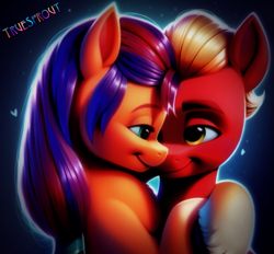 Size: 851x789 | Tagged: safe, imported from derpibooru, sprout cloverleaf, sunny starscout, earth pony, pony, ai content, ai generated, bedroom eyes, braid, cute, duo, female, g5, looking at each other, looking at someone, love, male, mare, prompter:truesprout, romance, romantic, shipping, simple background, smiling, smiling at each other, stallion, straight, sunnysprout