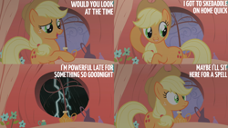 Size: 2000x1125 | Tagged: safe, edit, edited screencap, editor:quoterific, imported from derpibooru, screencap, applejack, look before you sleep, golden oaks library, lightning, rain, solo, window