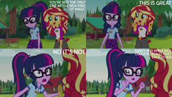 Size: 2000x1125 | Tagged: safe, edit, edited screencap, editor:quoterific, imported from derpibooru, screencap, sci-twi, sunset shimmer, twilight sparkle, human, equestria girls, legend of everfree, camp everfree outfits, clothes, denim, denim shorts, glasses, ponytail, shorts